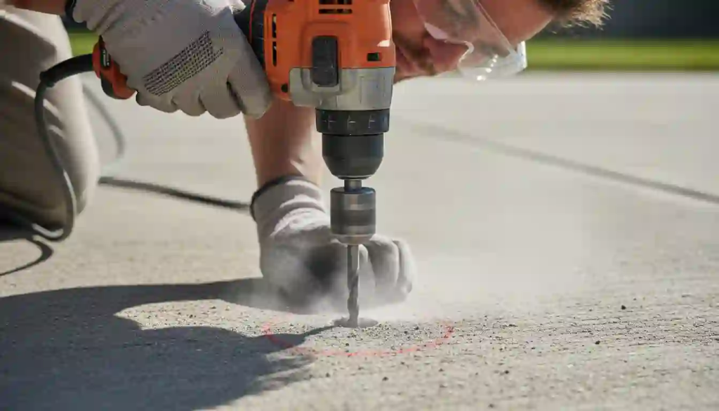 Close-up of a person using a hammer drill with a large masonry bit to drill a drainage hole into a concrete patio, with concrete dust visible