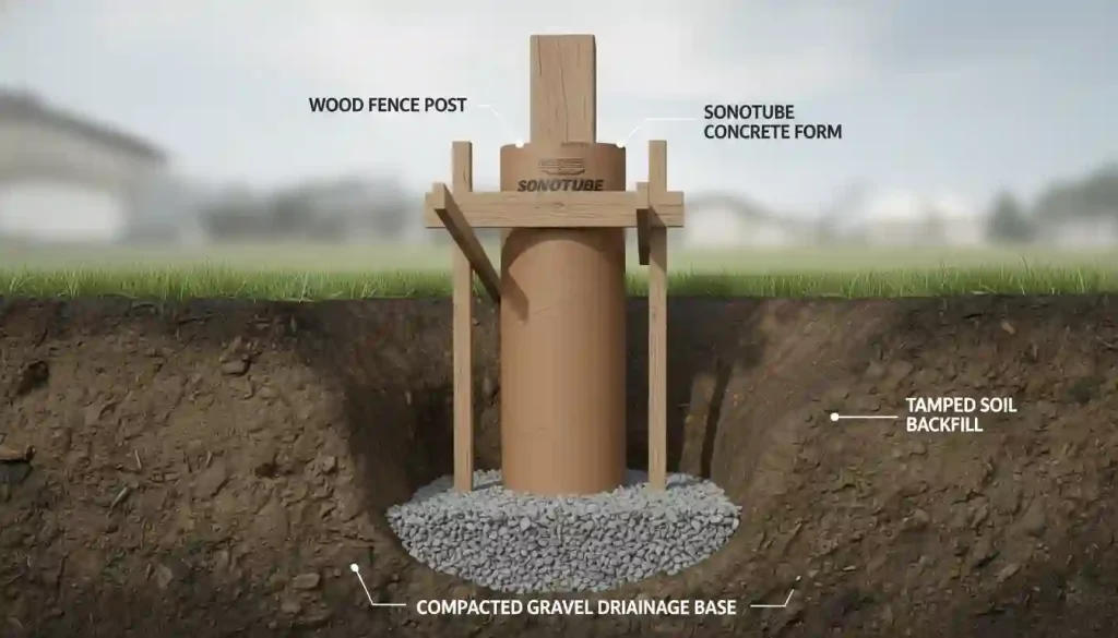 A cross-section diagram of a Sonotube in a hole, with gravel at the bottom, and a fence post centered inside, ready for concrete.
