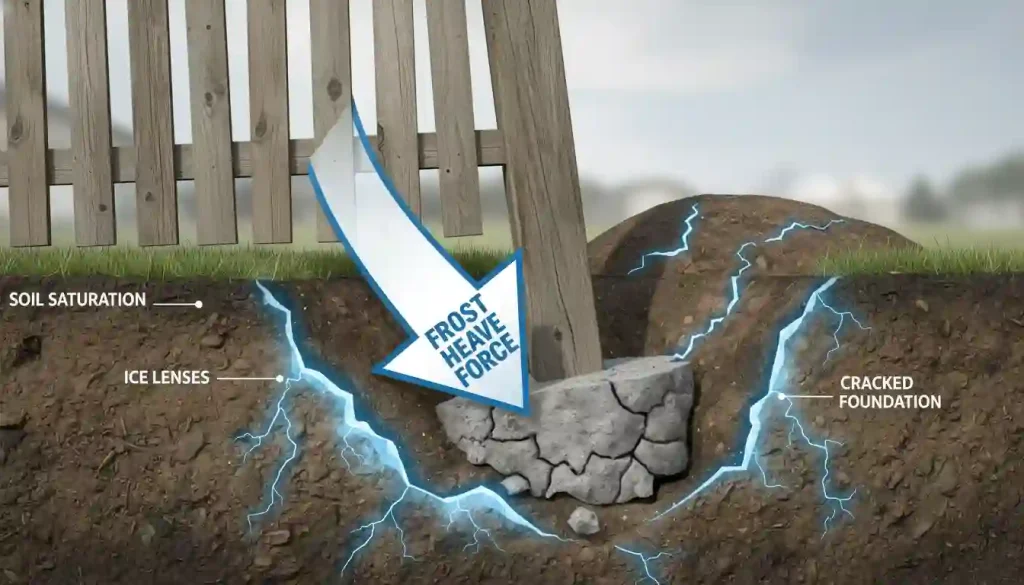 An illustration showing the destructive force of frost heave, perhaps with an arrow demonstrating how expanding ice lifts a poorly installed concrete footing and fence post.