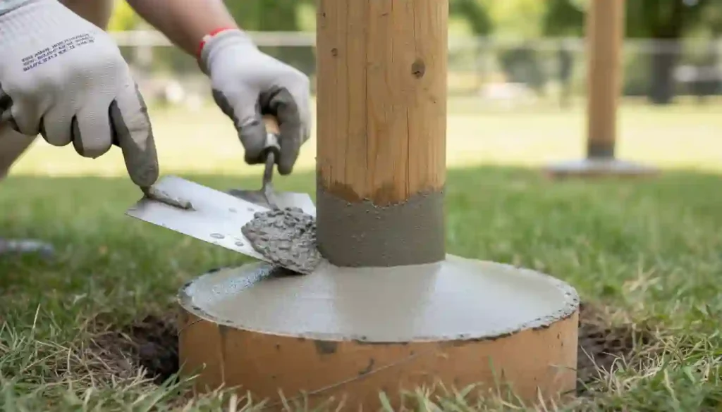 A detailed shot of someone using a trowel to create a domed or sloped concrete collar around the base of a fence post, shedding water away from the wood.