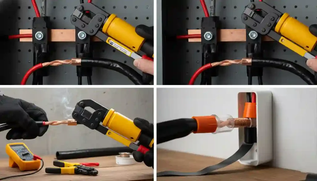 A collage of images showcasing tools and safety procedures for splicing 6 gauge wire