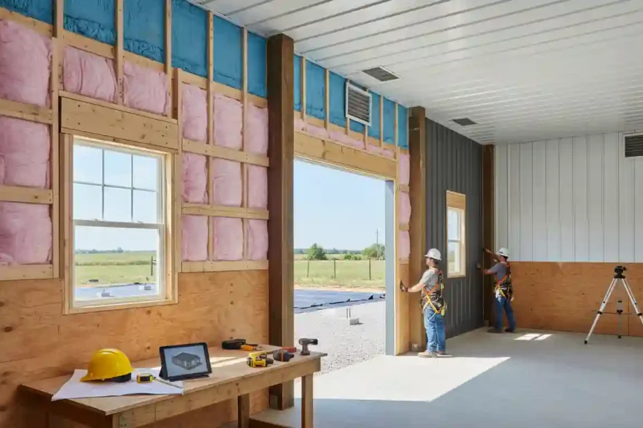 A construction worker in a hard hat and safety glasses unrolls a clear polyethylene vapor barrier over blue rigid foam insulation
