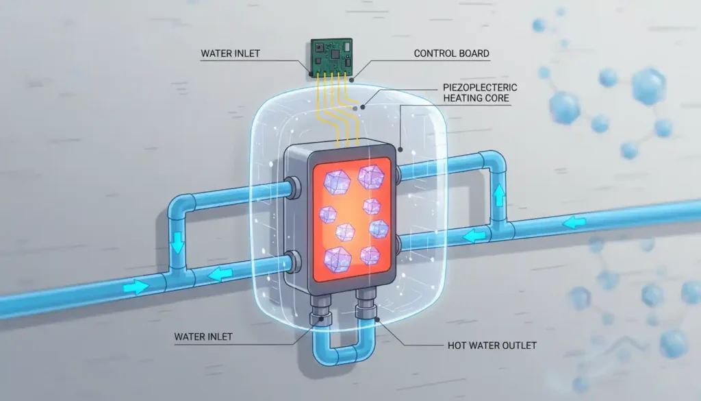 A cutaway illustration of a tankless water heater, highlighting the water flow and heating element, with subtle visual cues suggesting advanced technology