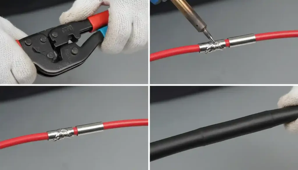 A four-panel image illustrating the crimp and solder hybrid splice method