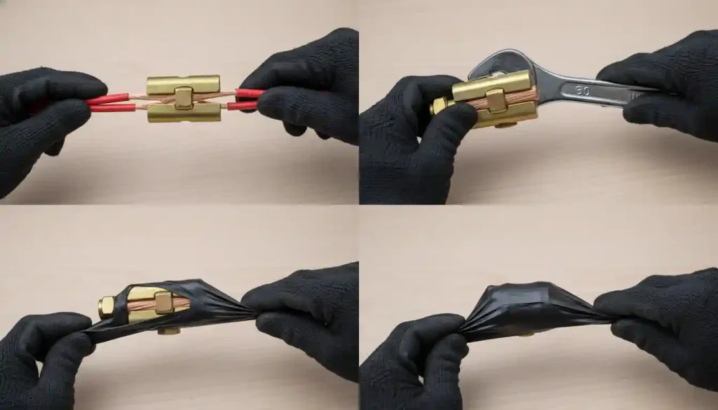 A four-panel image illustrating the use of split bolt connectors