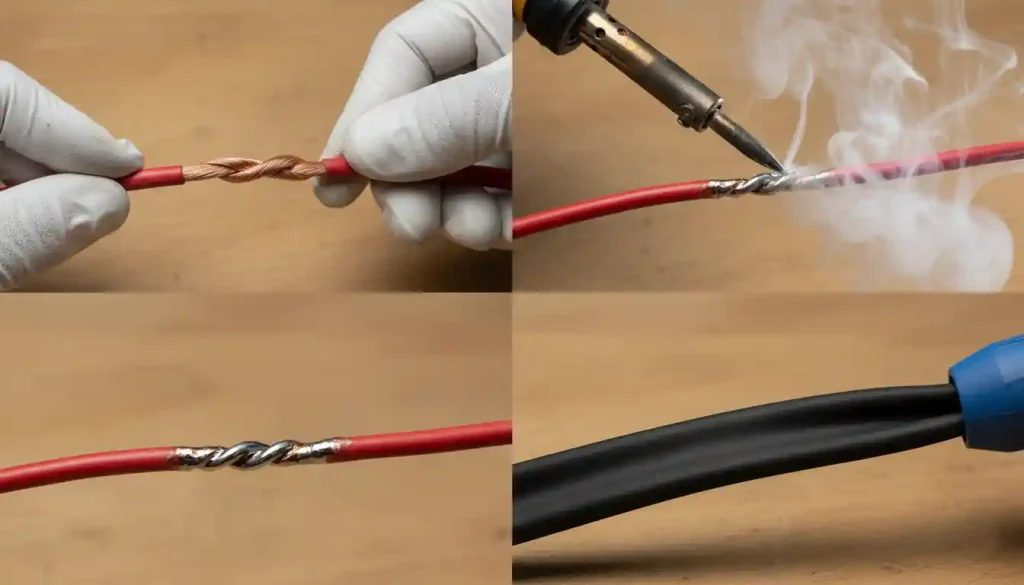 A four-panel image sequence demonstrating soldering a 6-gauge wire splice