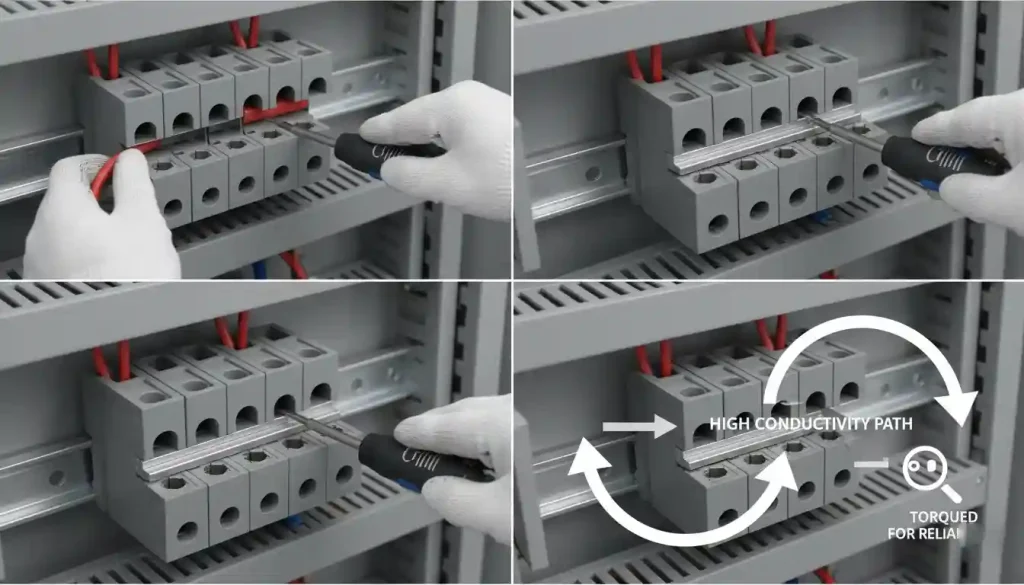 A four-panel image sequence demonstrating wiring a terminal block with a bus bar