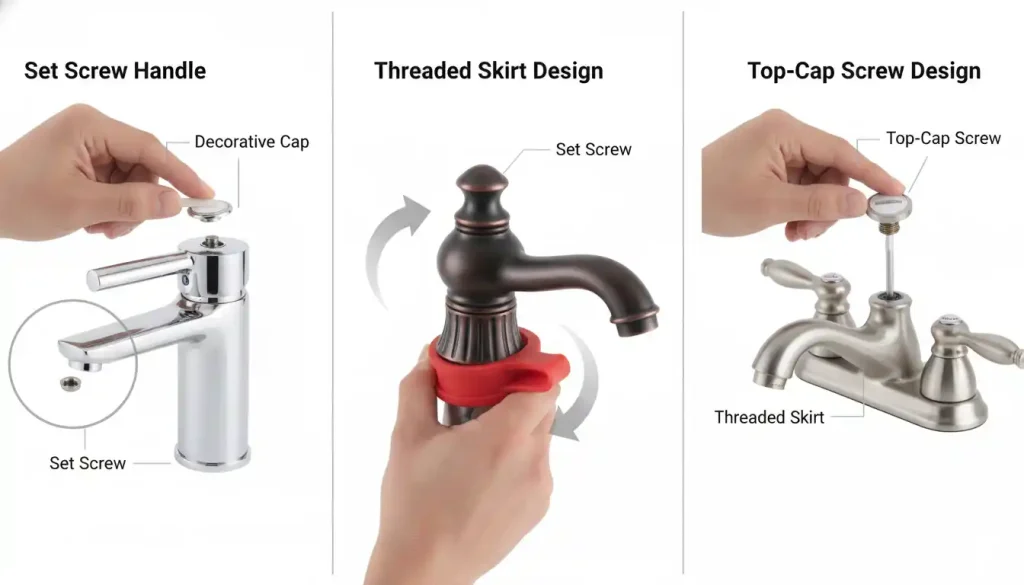 A three-panel image demonstrating different Kohler faucet handle removal type