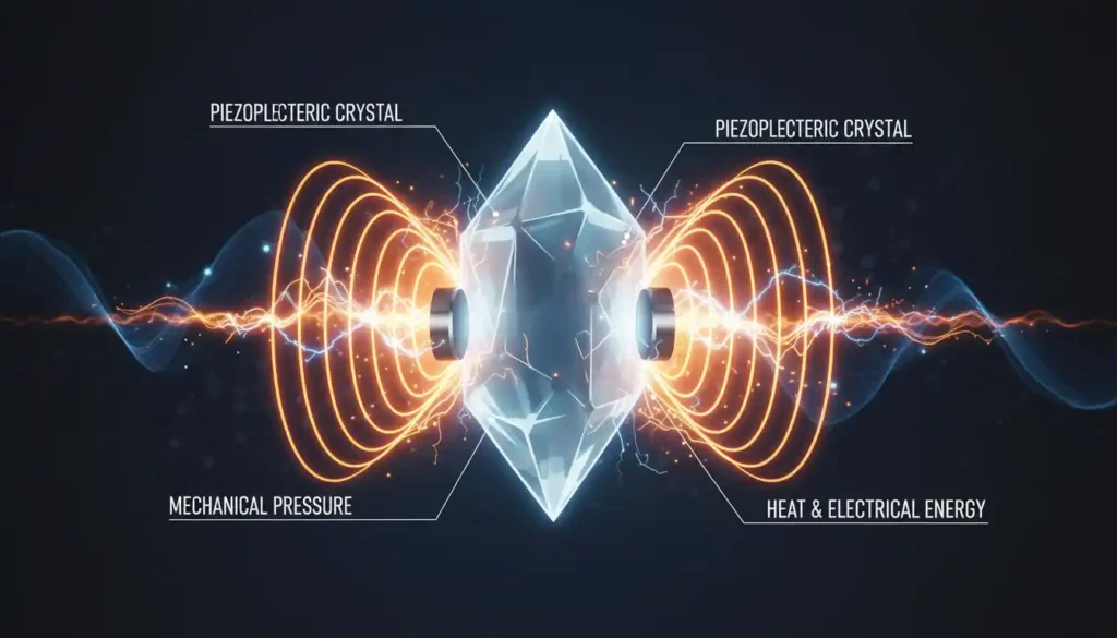An illustration focusing on the "piezoelectric effect" – perhaps showing a stylized crystal vibrating or deforming to generate heat/energy, with abstract energy waves emanating from it