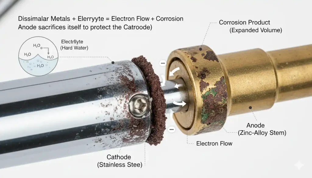 Close-up of a corroded metal faucet handle and stem, showing white mineral crystalline buildup and rust