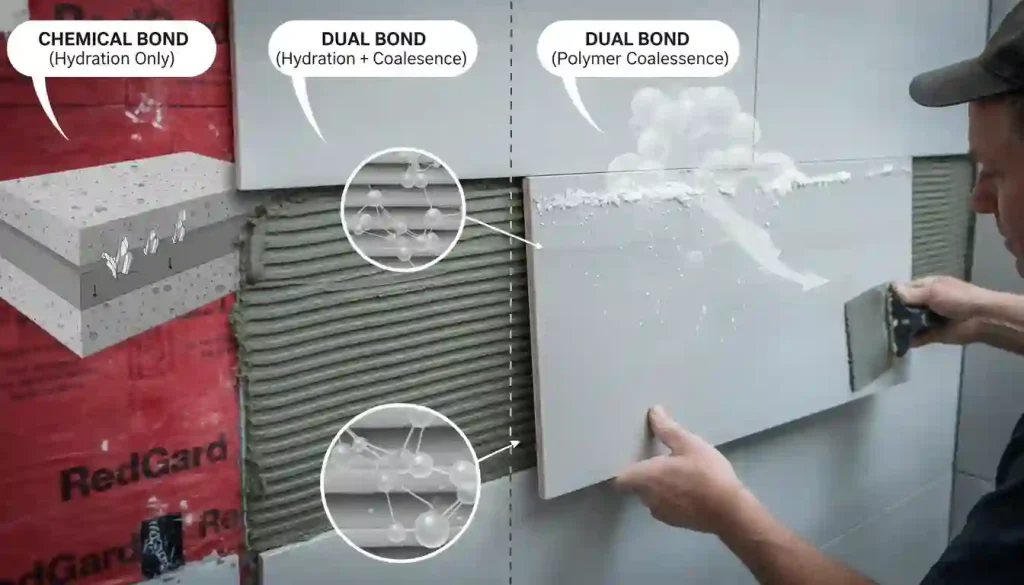 Cutaway diagram showing the chemical and dual bonding mechanisms of unmodified and modified thinset over a RedGard membrane, with a person installing tile.
