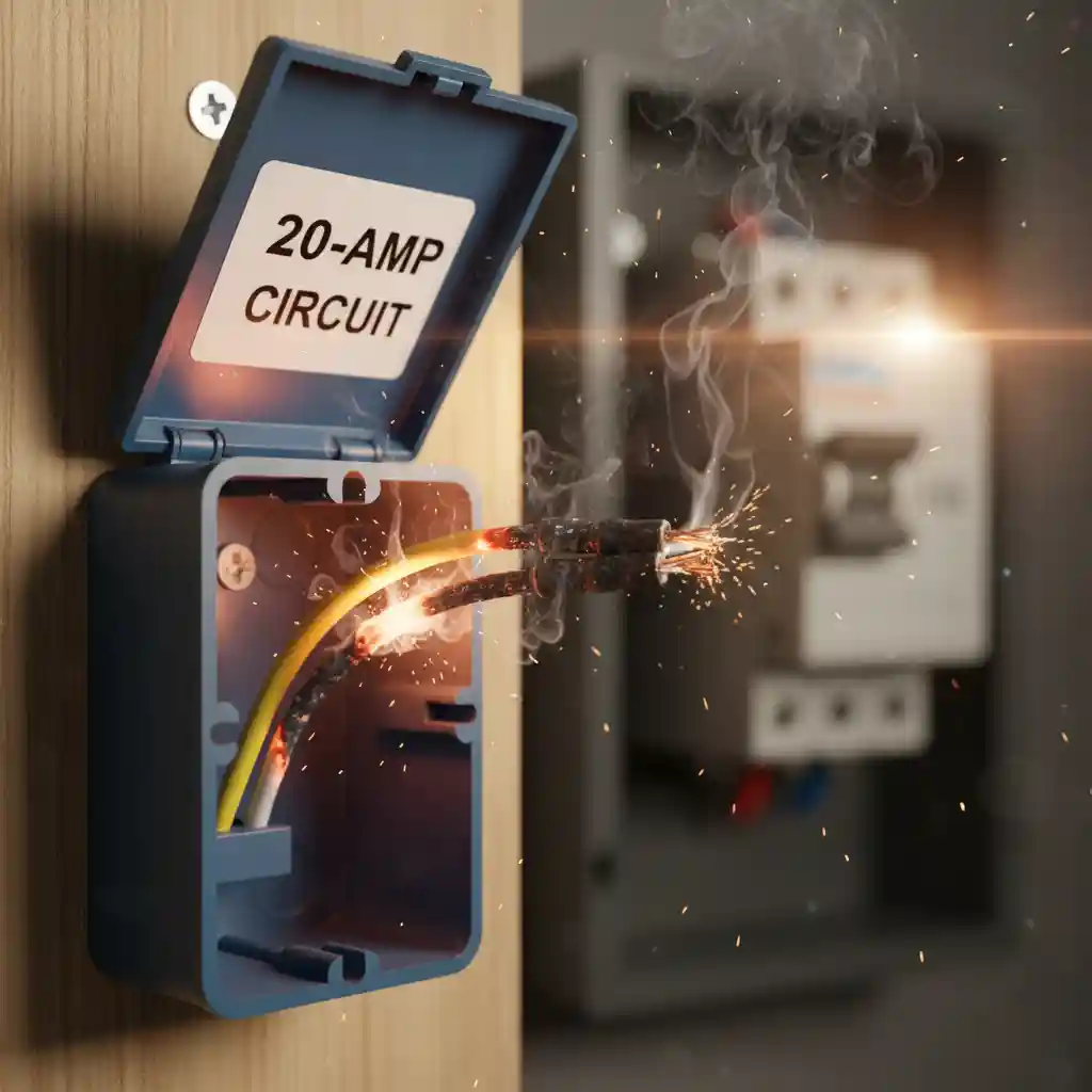 A hazardous scenario where a blue electrical junction box is smoking and sparking due to overloaded white 14-gauge Romex wire connected to a 20-amp circuit. The wire insulation is melting and glowing, emanating smoke and sparks. A label on the lid reads "20-AMP CIRCUIT," and a blurry electrical panel is in the background.