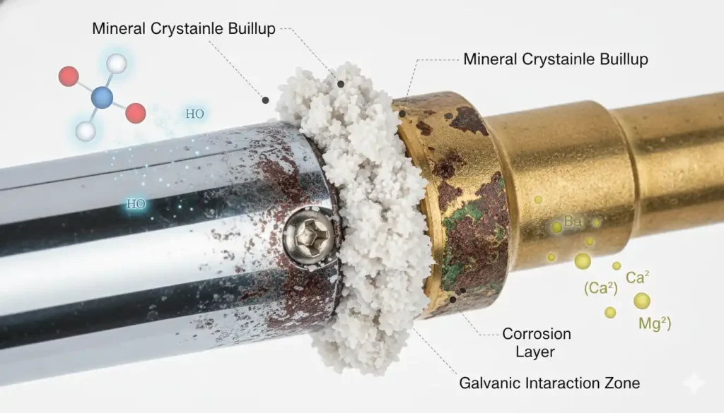 Detailed diagram showing galvanic corrosion between a stainless steel faucet handle (cathode) and a zinc-alloy stem (anode)