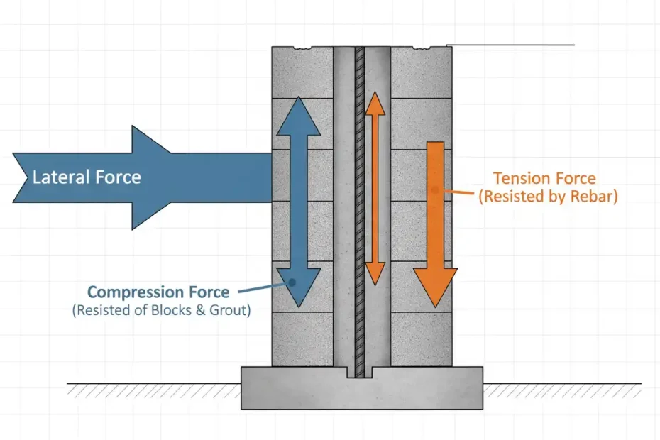 Diagram illustrating how a reinforced block wall resists lateral forces
