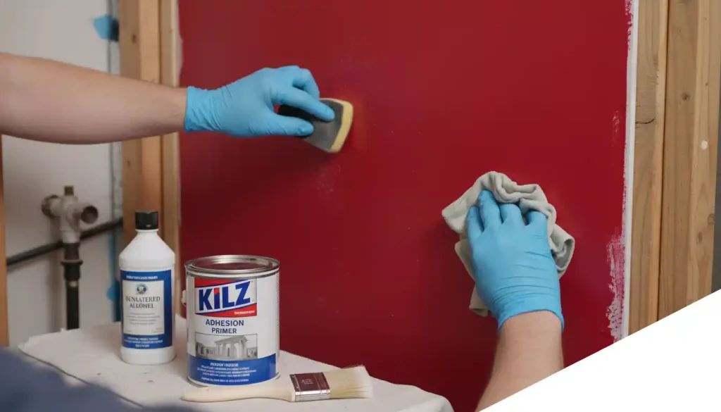 Hands wearing blue gloves are cleaning and lightly scuffing a red RedGard membrane surface, with a can of KILZ Adhesion Primer and denatured alcohol visible, demonstrating preparation for painting.
