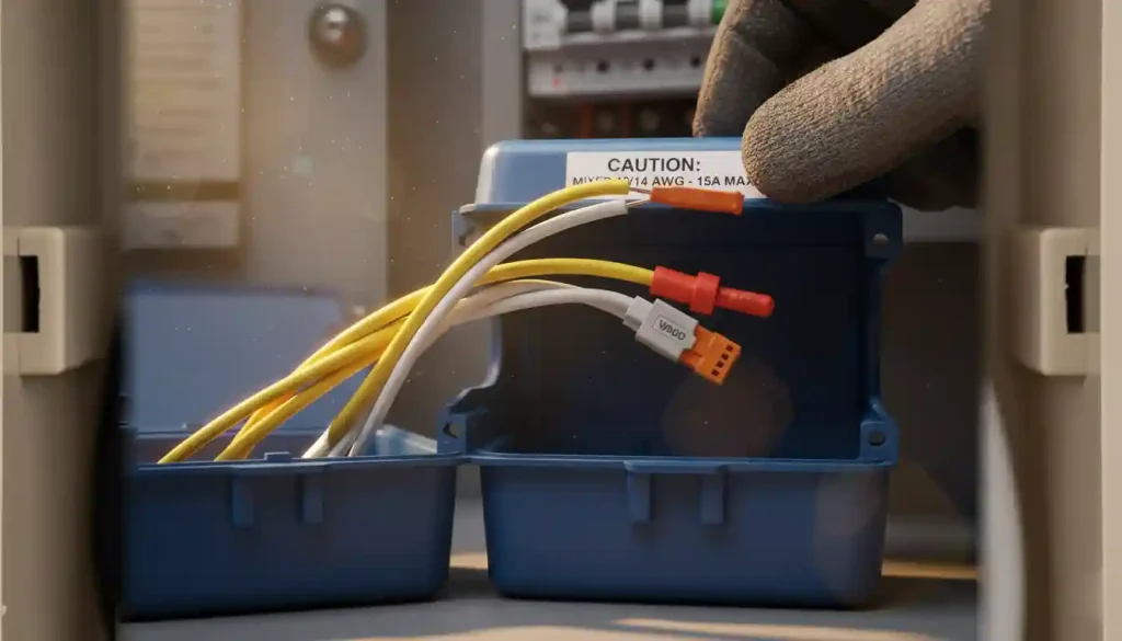 Close-up of an electrician's gloved hand installing a blue electrical junction box with mixed yellow 12-gauge and white 14-gauge Romex wires connected by Wago and wire nut connectors, with a visible "CAUTION: MIXED 12/14 AWG - 15A MAX" label and a blurry electrical panel in the background.