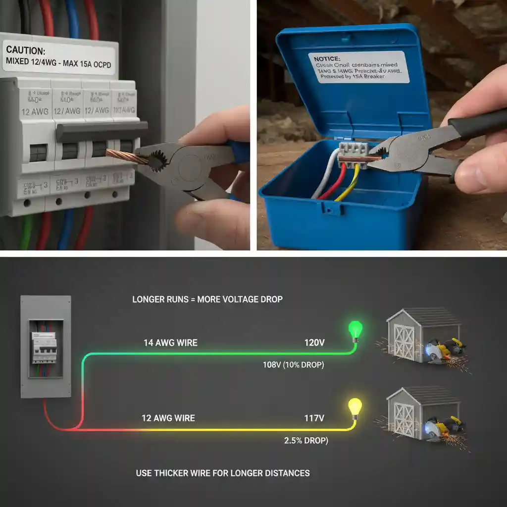 A two-panel image showing proper labeling for mixed-gauge electrical circuits. The top panel shows an electrical panel with a "CAUTION: MIXED 12/14 AWG - 15A MAX OCPD" label, and a hand working on wiring. The bottom panel shows a voltage drop diagram comparing a 14 AWG wire run to a 12 AWG wire run to a shed, illustrating less voltage drop with the thicker 12 AWG wire.