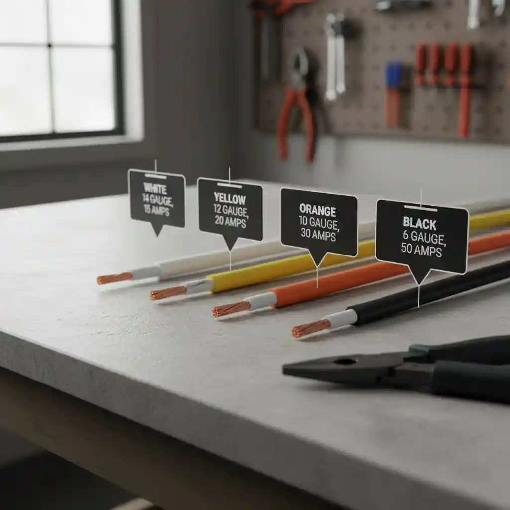 Four different colors of Romex electrical wire (white, yellow, orange, black) laid out on a workbench. Each wire has its insulation stripped to reveal copper, and a floating label above each indicates its color, gauge (14, 12, 10, 6 AWG), and maximum amperage (15, 20, 30, 50 amps respectively). Pliers are visible in the foreground.
