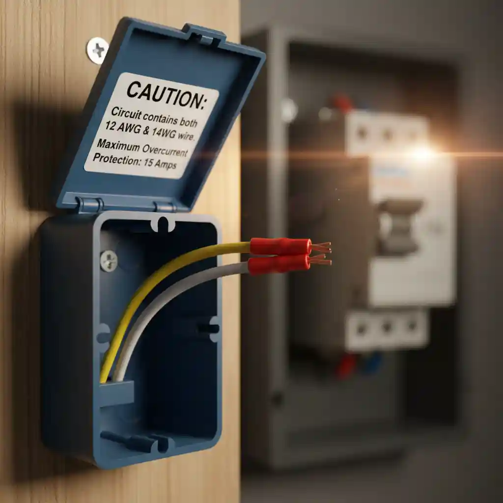 A blue electrical junction box mounted on a wooden wall, with its lid open to show a white 14-gauge and yellow 12-gauge Romex wire coming in, connected with red crimp connectors. A clear "CAUTION: Circuit contains both 12 AWG & 14 AWG wire. Maximum Overcurrent Protection: 15 Amps" label is prominently displayed on the inside of the lid. A blurry electrical panel with a 15-amp breaker is in the background.