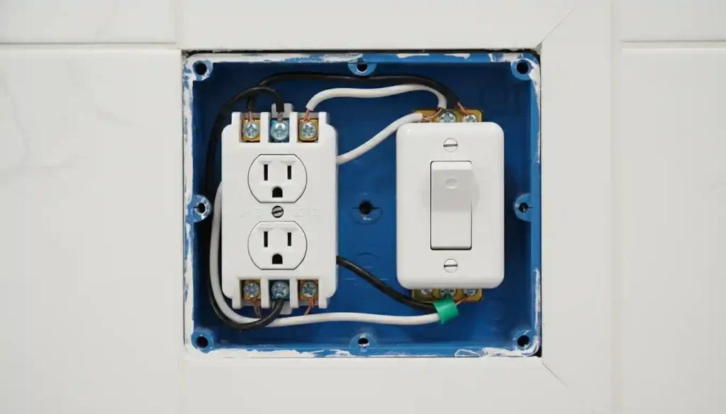 This is a very common and useful setup, especially in bathrooms and kitchens. The GFCI outlet remains powered on at all times, while providing protection to a separate device (like a light or fan) that is controlled by a switch.