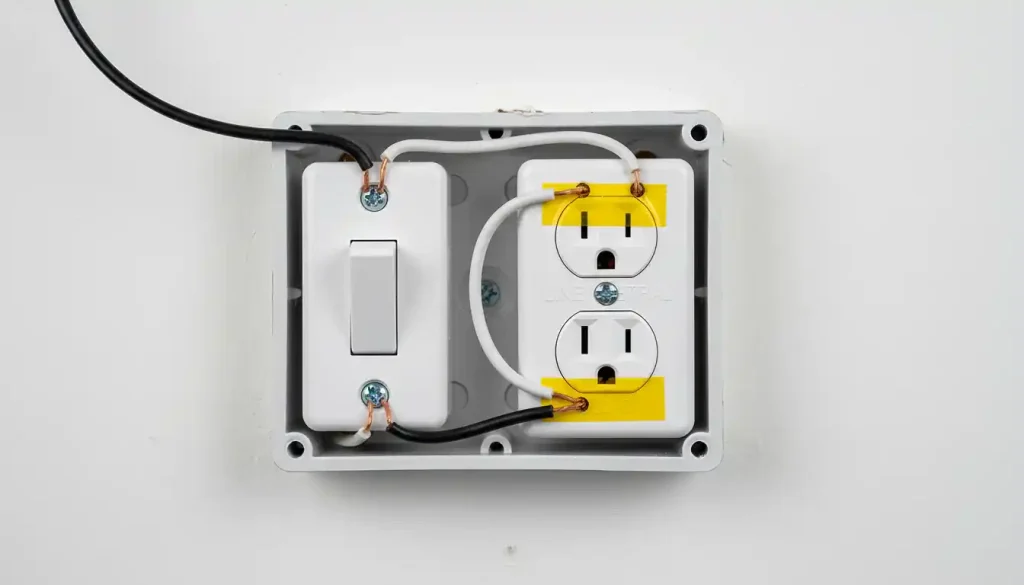  An electrical box with a toggle light switch on the left and a GFCI outlet on the right. Wiring shows the incoming hot wire going to the switch, then to the GFCI's LINE terminal, with the neutral wire directly to the GFCI's LINE terminal. The GFCI's LOAD terminals have yellow protective tape.