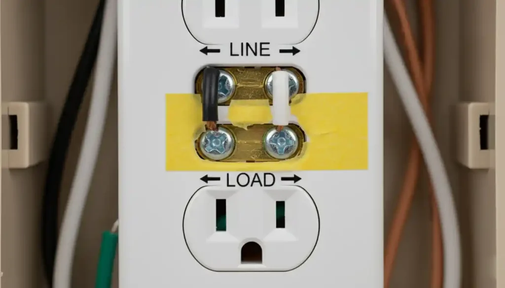 Close-up of the back of a white GFCI outlet showing the LINE and LOAD terminal screw connections. The LINE terminals are at the top, and the LOAD terminals (with a yellow protective sticker over them) are below, clearly indicating their respective functions.
