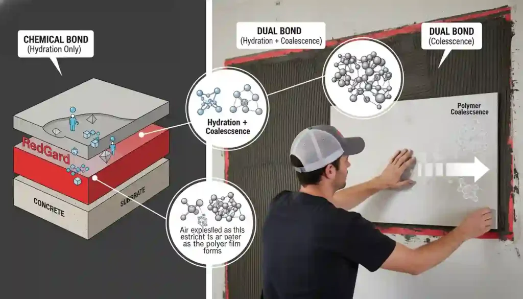 Infographic contrasting the chemical bonding of unmodified thinset with the dual hydration and polymer coalescence of modified thinset over a RedGard membrane, illustrated with a tile setter installing tiles.
