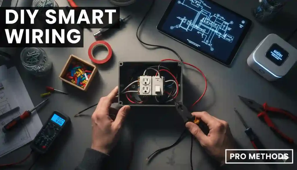 Overhead view of hands working on wiring a GFCI outlet and switch inside an electrical box on a concrete workbench, surrounded by various tools, wires, a digital multimeter, and a tablet displaying a wiring diagram. The text overlays "DIY SMART WIRING" and "PRO METHODS".
