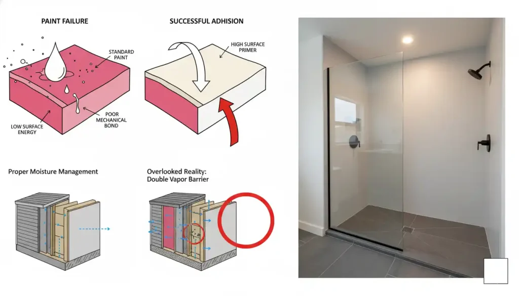 A diagram illustrating paint failure due to low surface energy on RedGard versus successful adhesion with a high-surface primer