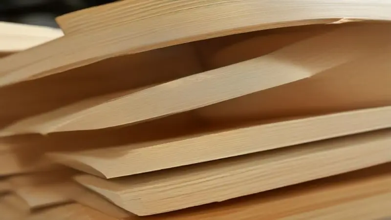 Close-up view of plywood sheets stacked, showcasing different thicknesses.