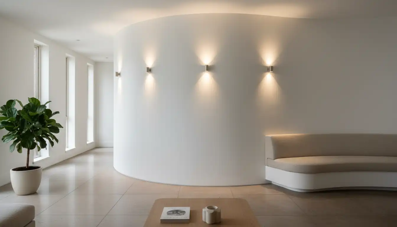 An elegant interior room featuring a smoothly plastered, subtly curved wall that seamlessly transitions into the straight walls, showcasing the aesthetic possibilities of 3/8-inch drywall