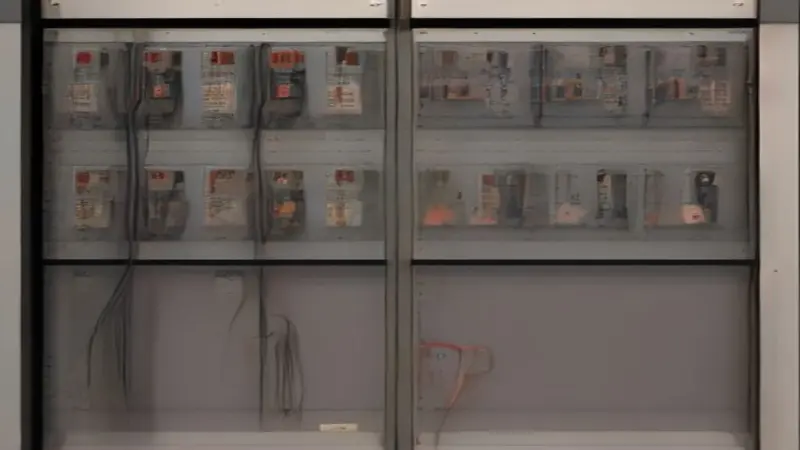 A neatly organized electrical panel featuring a row of double-pole circuit breakers, some labeled with amperage ratings, and associated wiring.