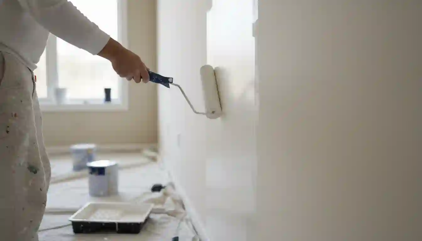 A painter applying white primer to a freshly skim-coated and sanded wall with a roller, creating a uniform, sealed surface ready for paint.