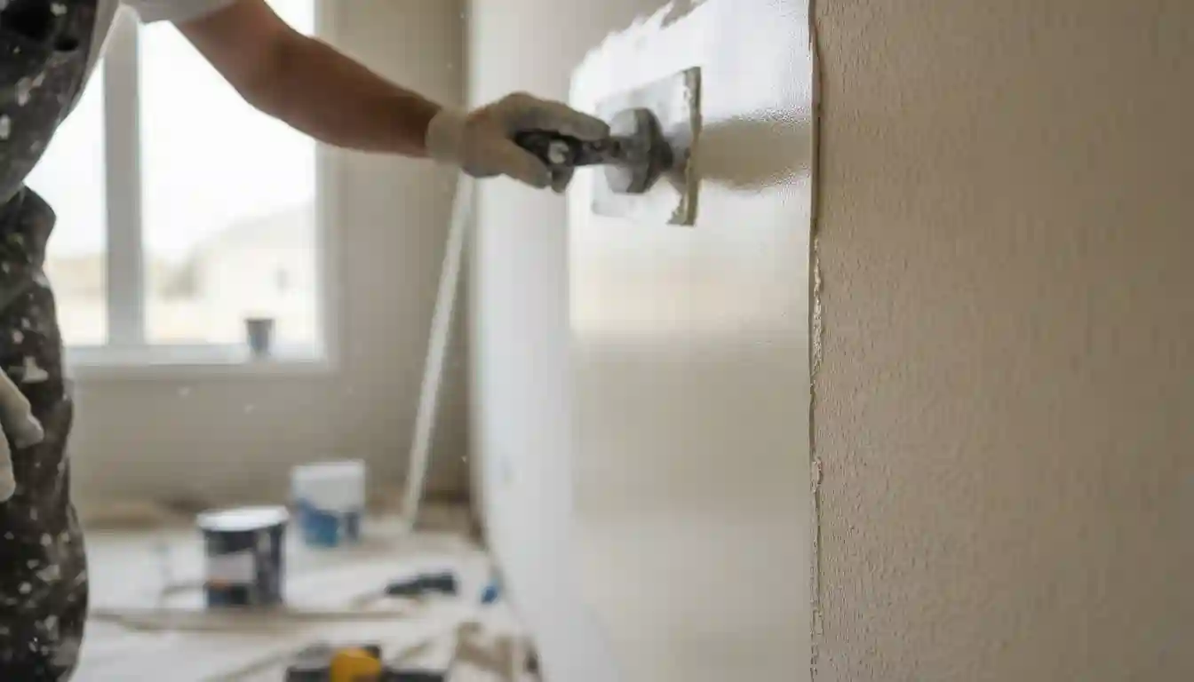 A close-up shot of a drywall professional applying a thin, even layer of joint compound (skim coat) to a wall with a wide drywall knife, demonstrating the smoothing process.