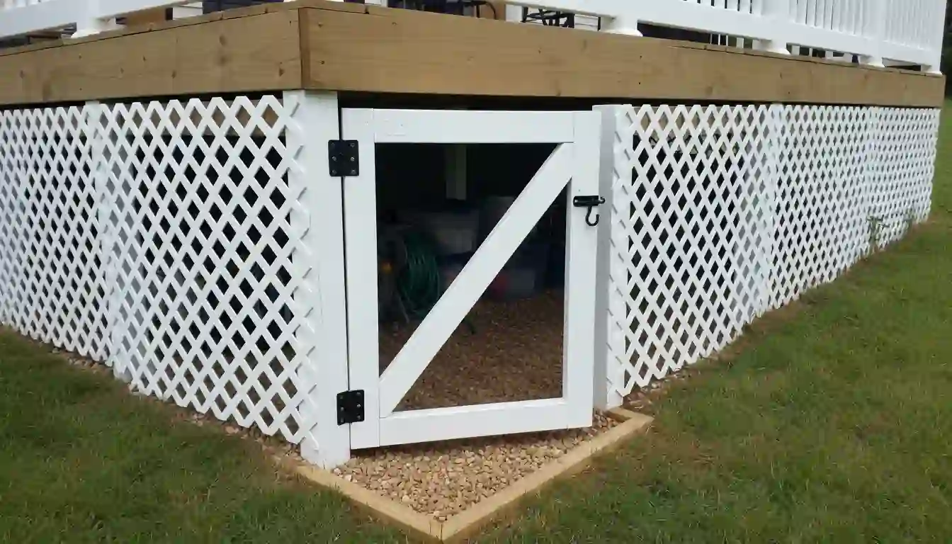 A close-up of a hinged access gate built into the lattice skirting of a deck, showing the latch mechanism and interior storage space, demonstrating practical under-deck access on a slight slope.