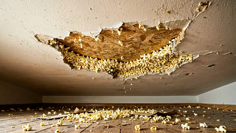 Damaged popcorn ceiling with exposed asbestos-containing texture and scattered debris on the floor
