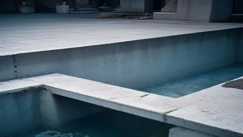 A recently poured concrete footing supporting a structural element adjacent to an existing concrete slab.