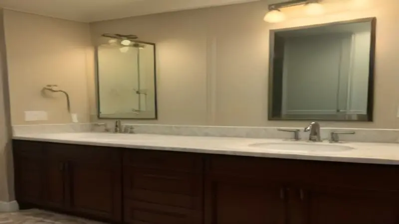 A Pottery Barn bathroom vanity with a marble countertop and wooden cabinetry.