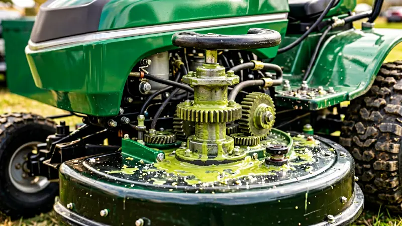 A close-up of a grease zerks and gear housing on a commercial lawn mower chassis