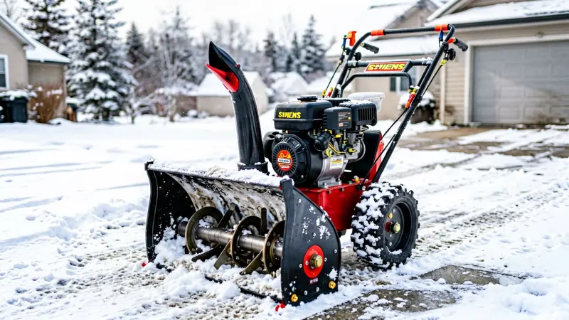 Ariens snowblower engine and auger housing on a snowy driveway