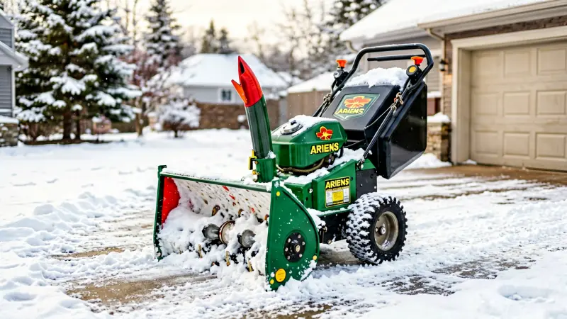 Ariens snowblower with locked wheels resting on a snowy driveway