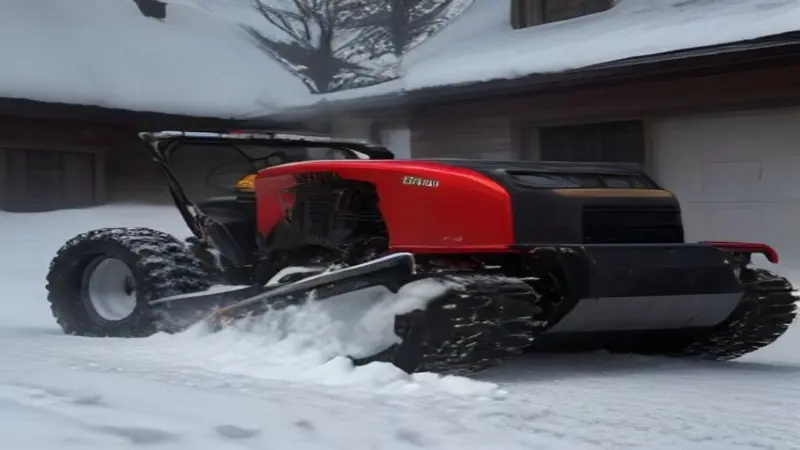 A red and black Ariens snowblower with its engine exposed, sitting on a snowy driveway.