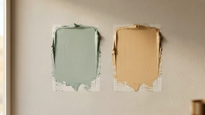 Two paint swatches in soft green-gray and warm beige on a neutral interior wall