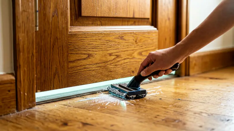 Wooden door bottom edge scraping floor while top edge has a gap