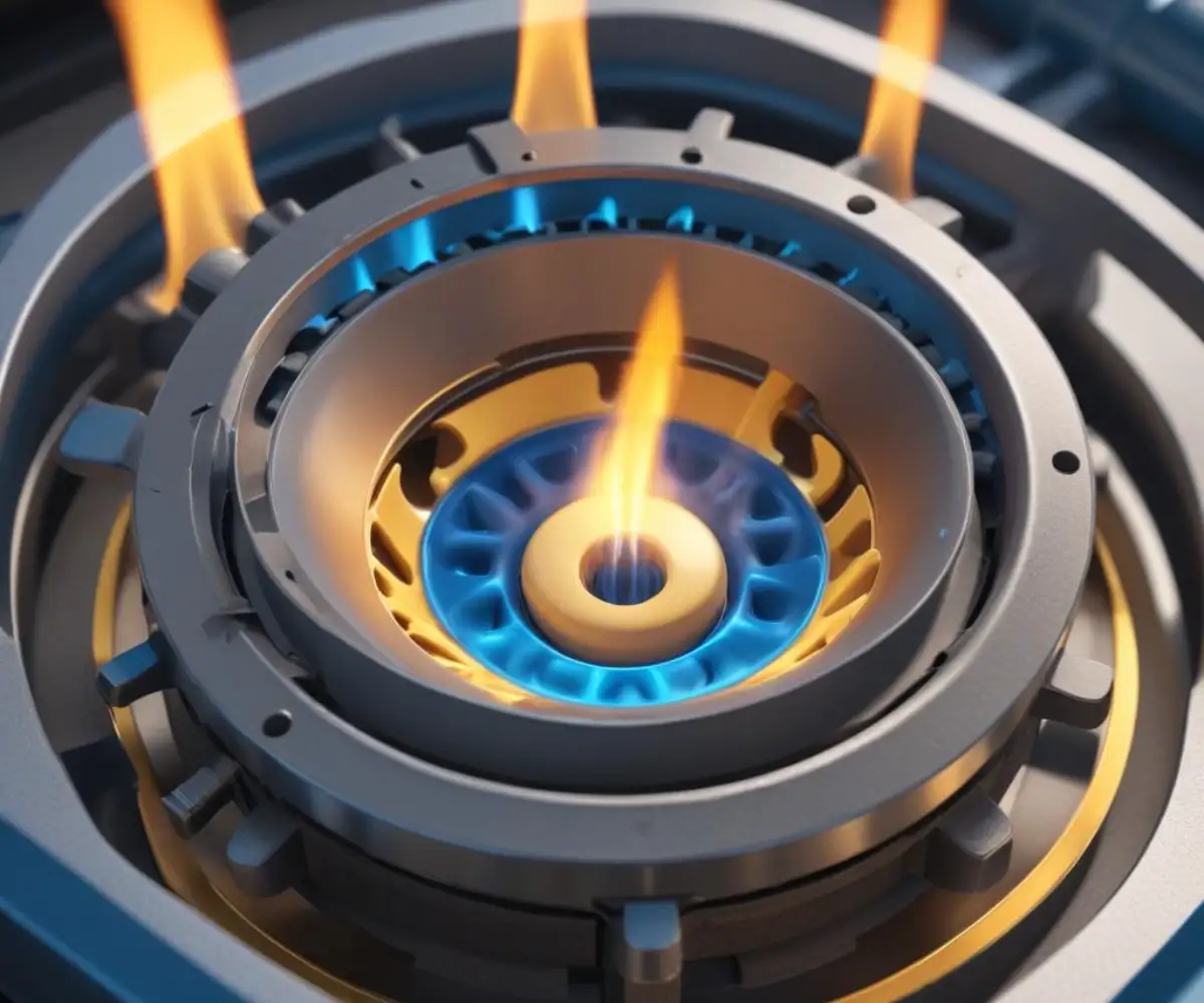 Close-up of the internal components of a gas conversion burner with a visible blue and yellow flame.