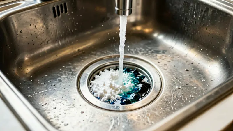 Baking soda and vinegar mixture on a kitchen sink drain