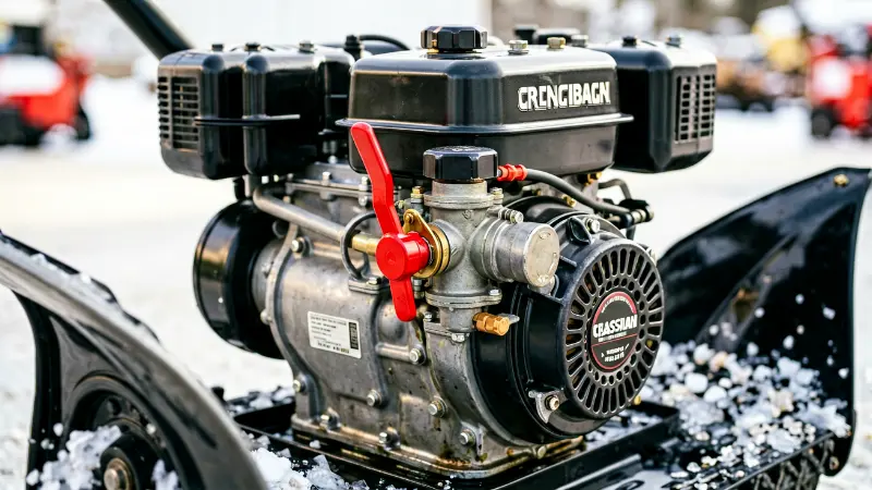 Close-up view of a Craftsman snowblower engine block showing the red fuel shut off valve lever on the side of the carburetor