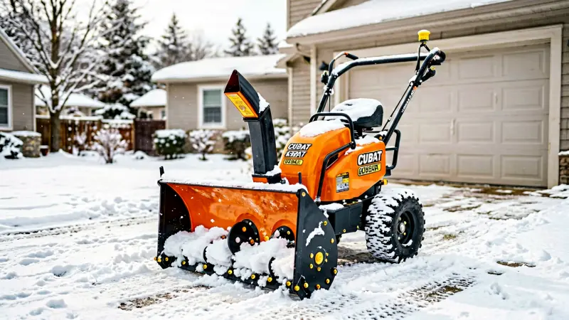 Cub Cadet snow blower parked on a snowy driveway