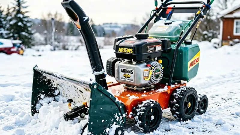 [Ariens snowblower with gas drain valve and fuel tank visible for winter maintenance]