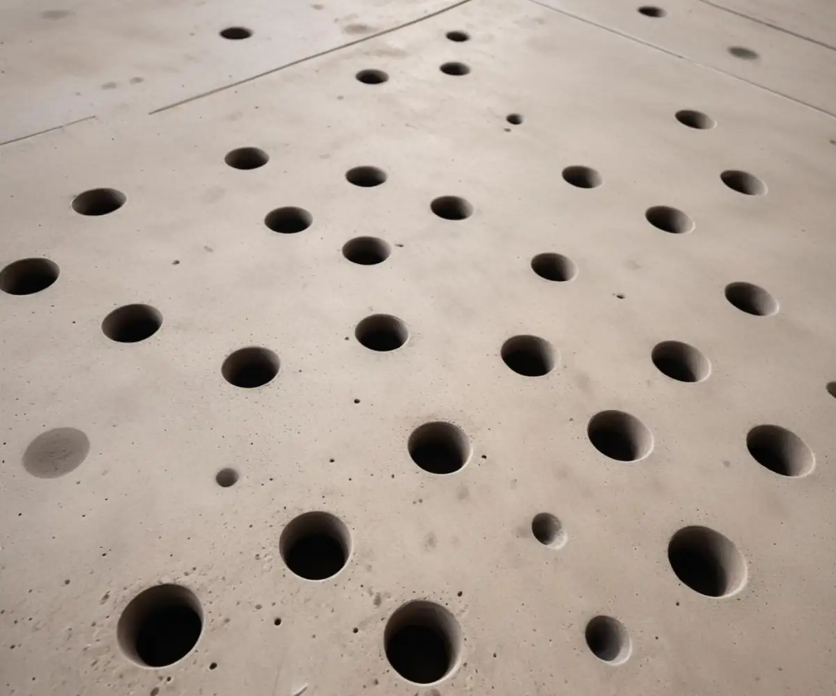 A close-up view of a concrete patio surface with a series of freshly drilled, clean drainage holes arranged in a neat pattern.
